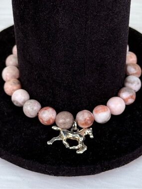 Pink & Gray Stone Beaded Horse Charm Stretch Bracelet